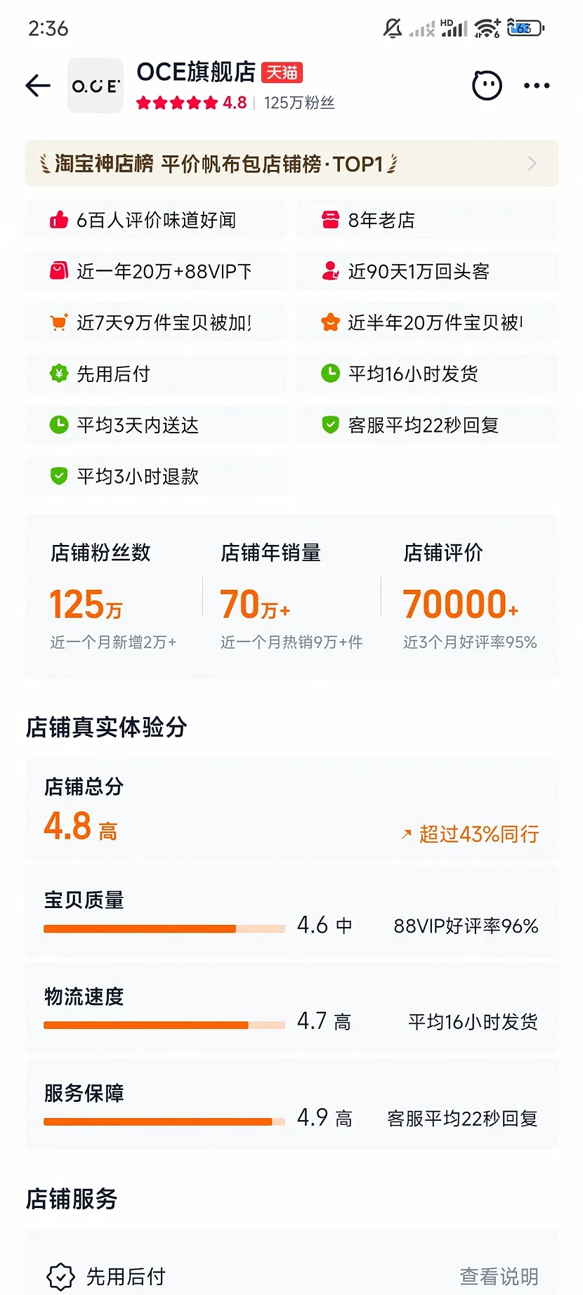 天猫OCE官方旗舰店，4.8分，125万粉丝，8年老店
