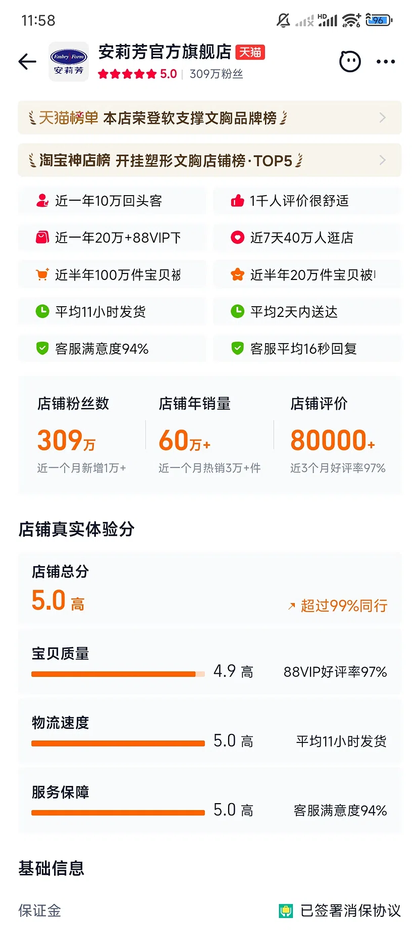 天猫安莉芳官方旗舰店,5.0分,309万粉丝