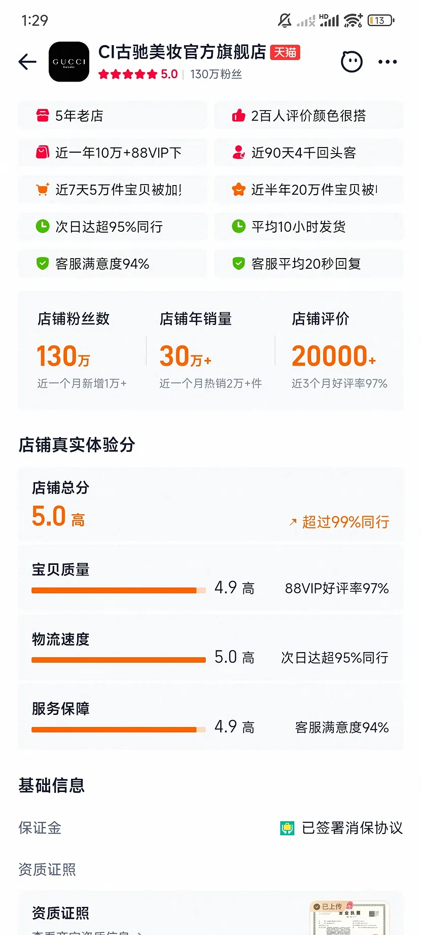 天猫GUCCI古驰美妆官方旗舰店,5.0分,130万粉丝,5年老店