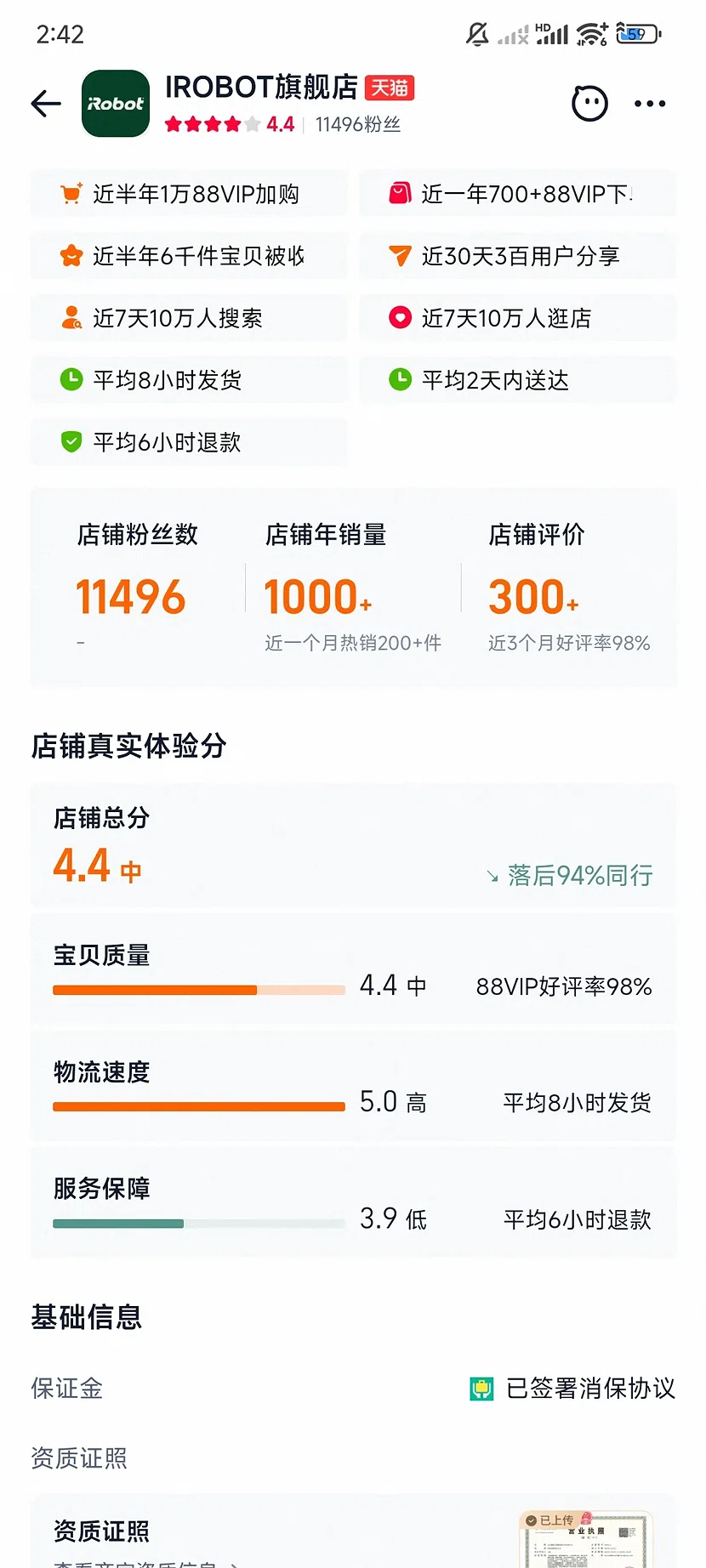 天猫IROBOT官方旗舰店,4.4分,1.1万粉丝